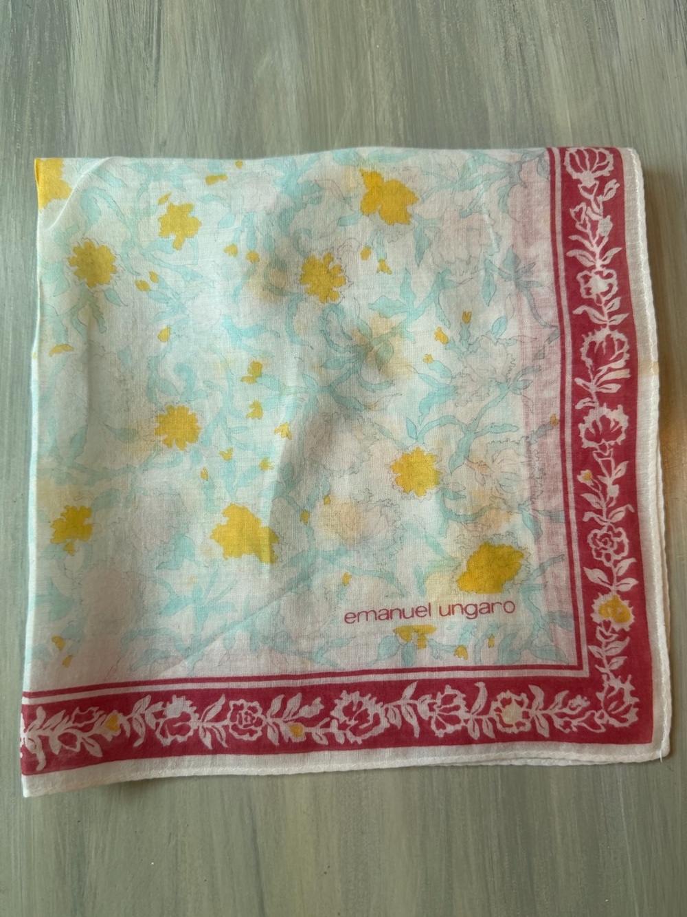 Emanuel Ungaro Yellow, Aqua & Pink Floral Scarf Bandana Neckerchief Elegant